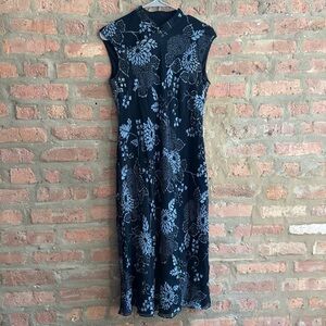 Pure Silk Talbots Black and Blue Floral Midi Dress with buttons
